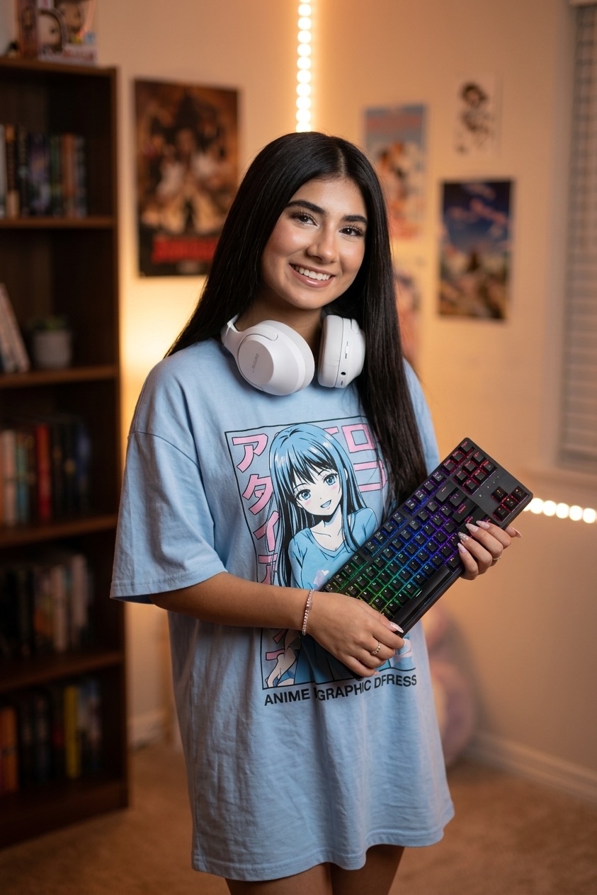 Sofia holding RGB mechanical keyboard