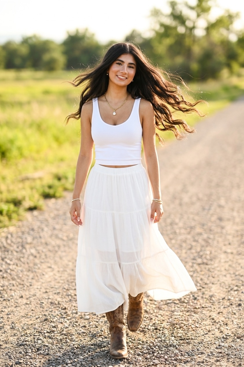 Sofia in white maxi dress in golden hour field