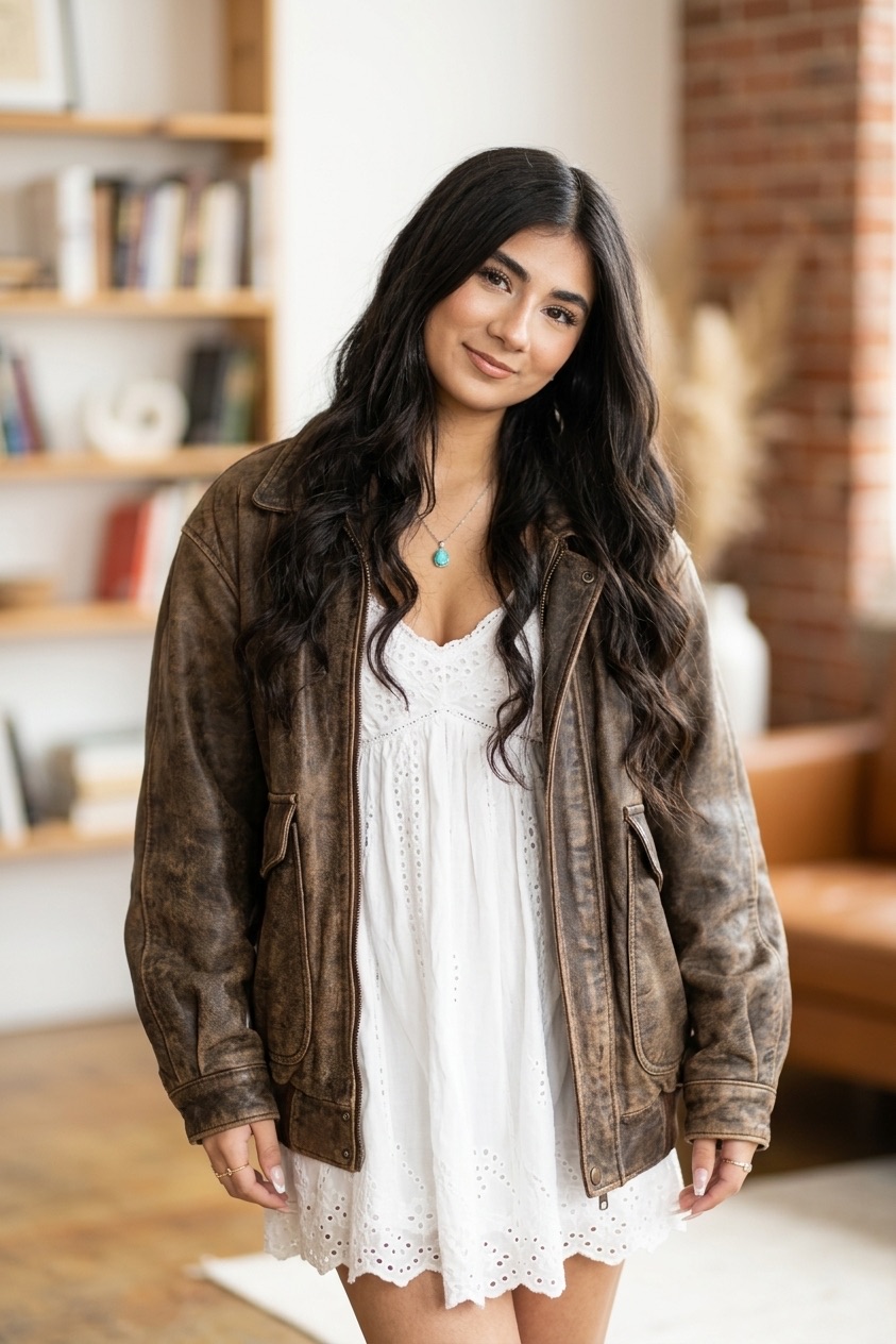 Sofia in vintage leather jacket over white eyelet dress