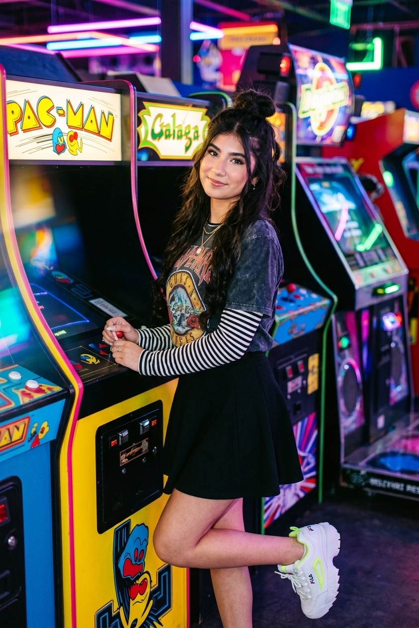 Sofia at a Pac-Man arcade machine