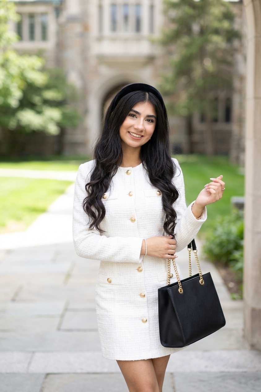 Sofia in cream tweed dress, polished spokesmodel look