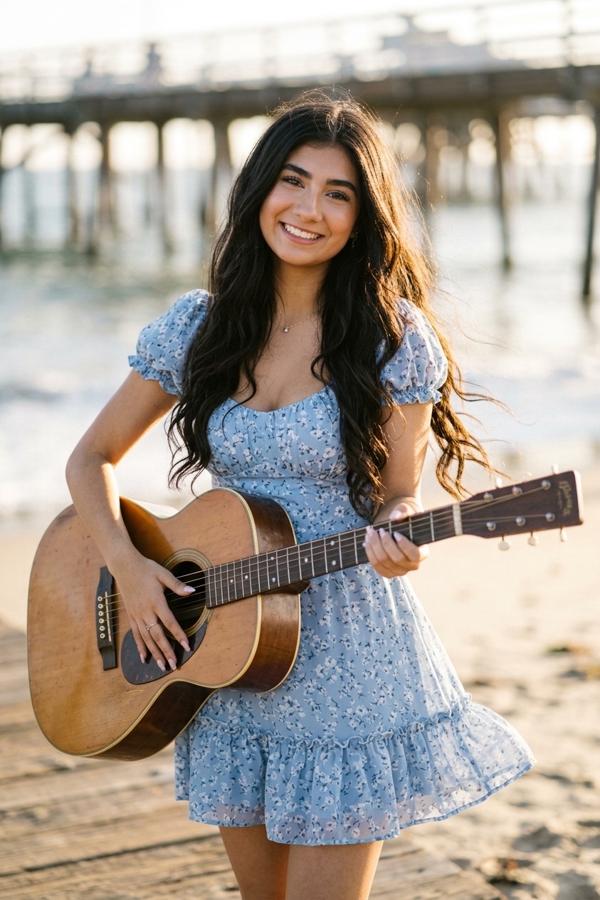 Sofia with acoustic guitar at the beach